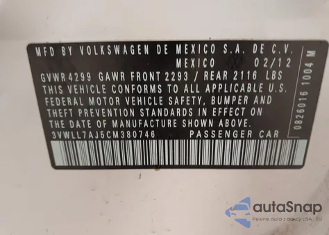 2012 Volkswagen Jetta 2.0L Tdi z USA, uszkodzony, nr VIN 3VWLL7AJ5CM380746